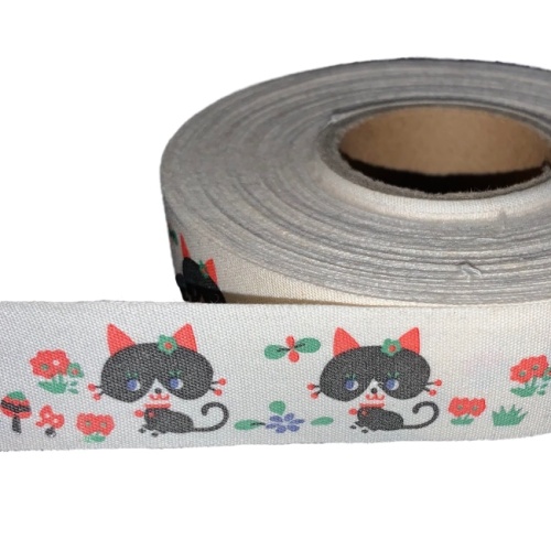 Black Cat & Flowers Ribbon 25mm