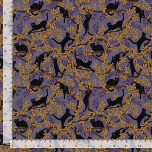 Black Cat On Tree Branches - Purple - Halloween Fabric