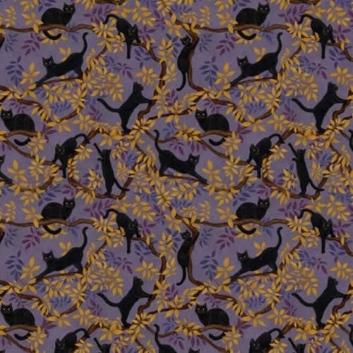 Black Cat On Tree Branches - Purple - Halloween Fabric