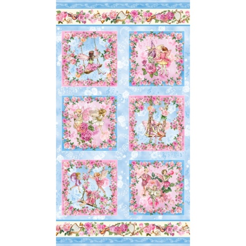 Blue Fairy Garden Scenic Panel - Spring songs - Flower Fairies Fabric