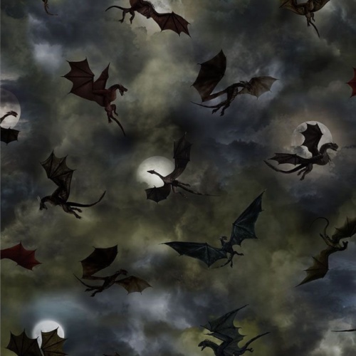 Dragon Silhouettes and Moons - Grey - Dragon Fabric