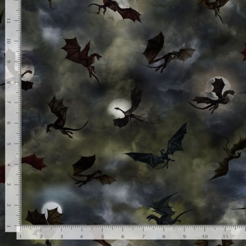 Dragon Silhouettes and Moons - Grey - Dragon Fabric