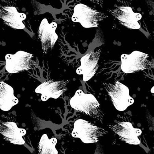 Flying Ghosts Black - 3 Wishes - Halloween Fabric - Half Metre