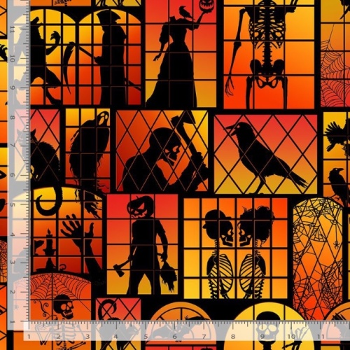 Halloween Window Silhouettes - Orange - Halloween Fabric