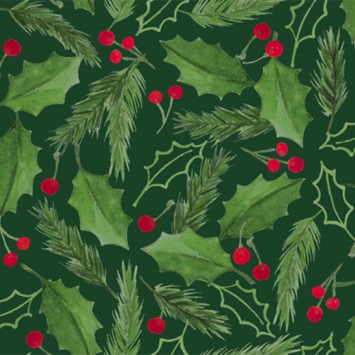 Holly And Berries Green - Christmas Fabric - Half Metre