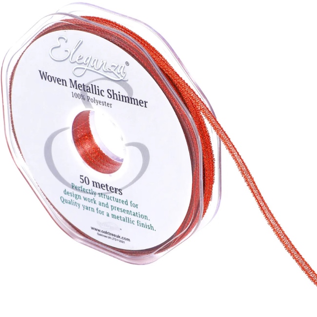 Woven Metallic Shimmer Ribbon - Red - 50m