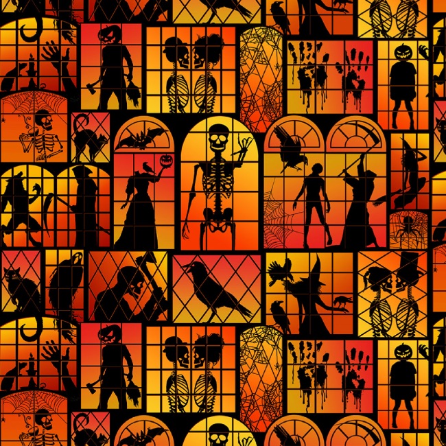 Halloween Window Silhouettes - Orange - Halloween Fabric