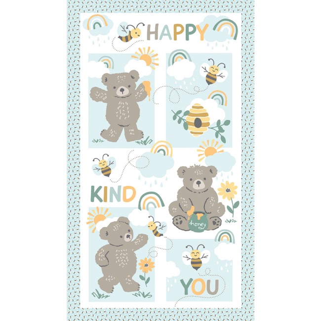 Hello Honey Blue/Taupe Bear Fabric Panel