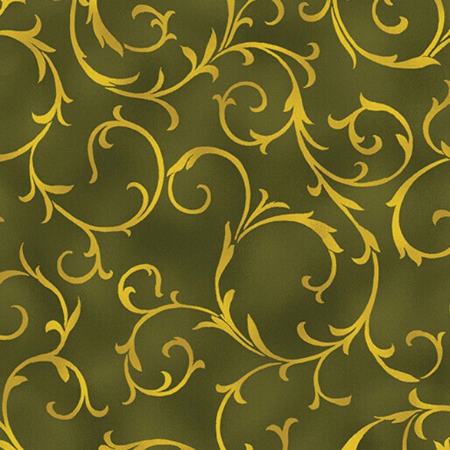 Olive Green - Swirling Vine Fabric - Benartex