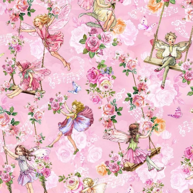 Pink Garden Swings - Spring Songs - Flower Fairies Fabric