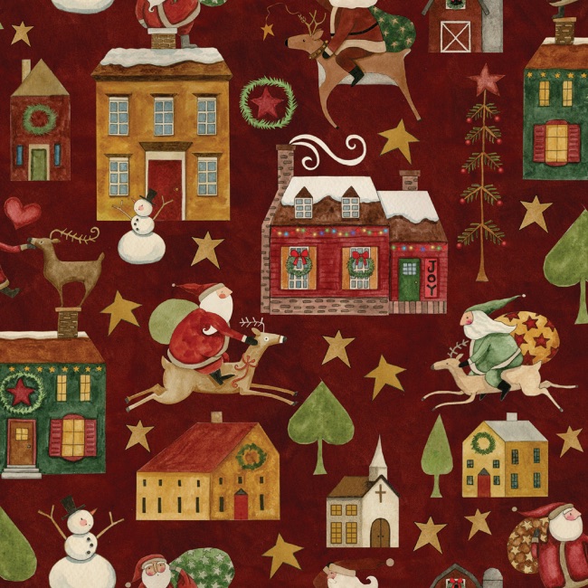 Main Cranberry Christmas - Up On The Housetop - Christmas Fabric