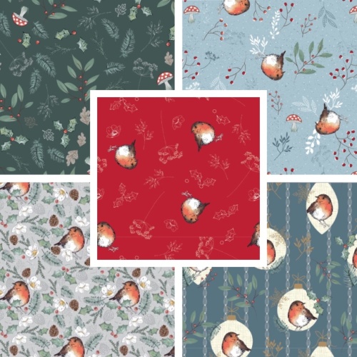 Fat Quarters - Little Red Robin - Christmas Fabric x 5