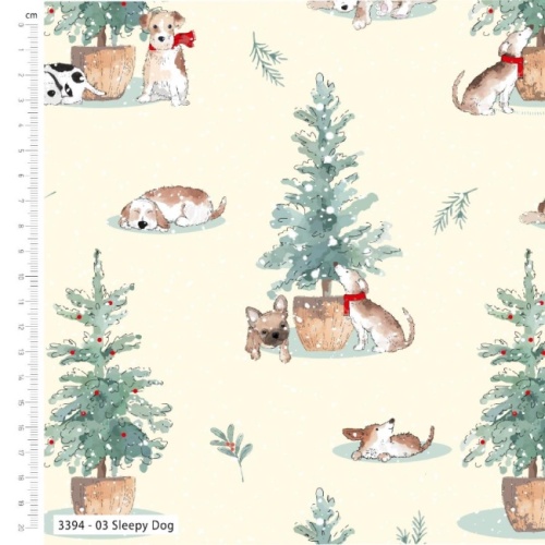 Sleepy Dog - Mans Best Friend - Christmas Fabric