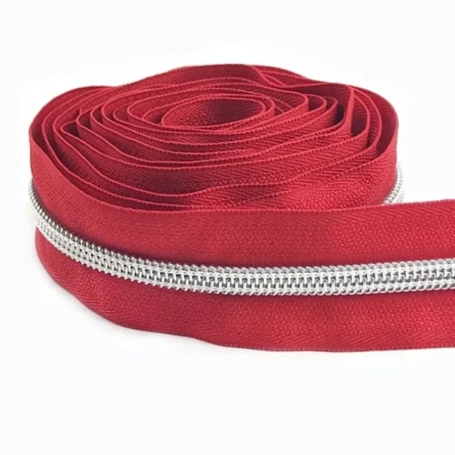 Silver Nylon Size 5 Zipper with Pulls - Red