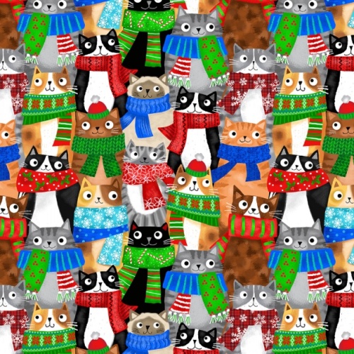 Cats With Holiday Scarf Christmas Fabric