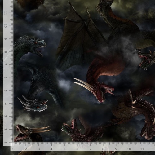 Tossed Dragons In Clouds - Night - Dragon Fabric